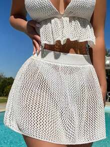 INAWLY Áo đan dây & váy dệt kim Ruffle Hem cho kỳ nghỉ hè - trắng - Xem 3