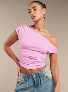 SHEIN BAE Blusa de verano asimétrica de manga corta para mujer con cuello asimétrico y pliegues en unicolor - Rosa Pálido - Ver 4