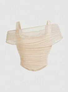 SHEIN MOD Summer Solid Color Mesh See-Through Off-Shoulder Apricot Top Top