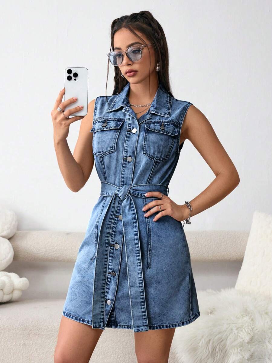 SHEIN EZwear 夏季蓬蓬袖口袋腰帶牛仔裙 - 深色水洗藍 - 查看 1
