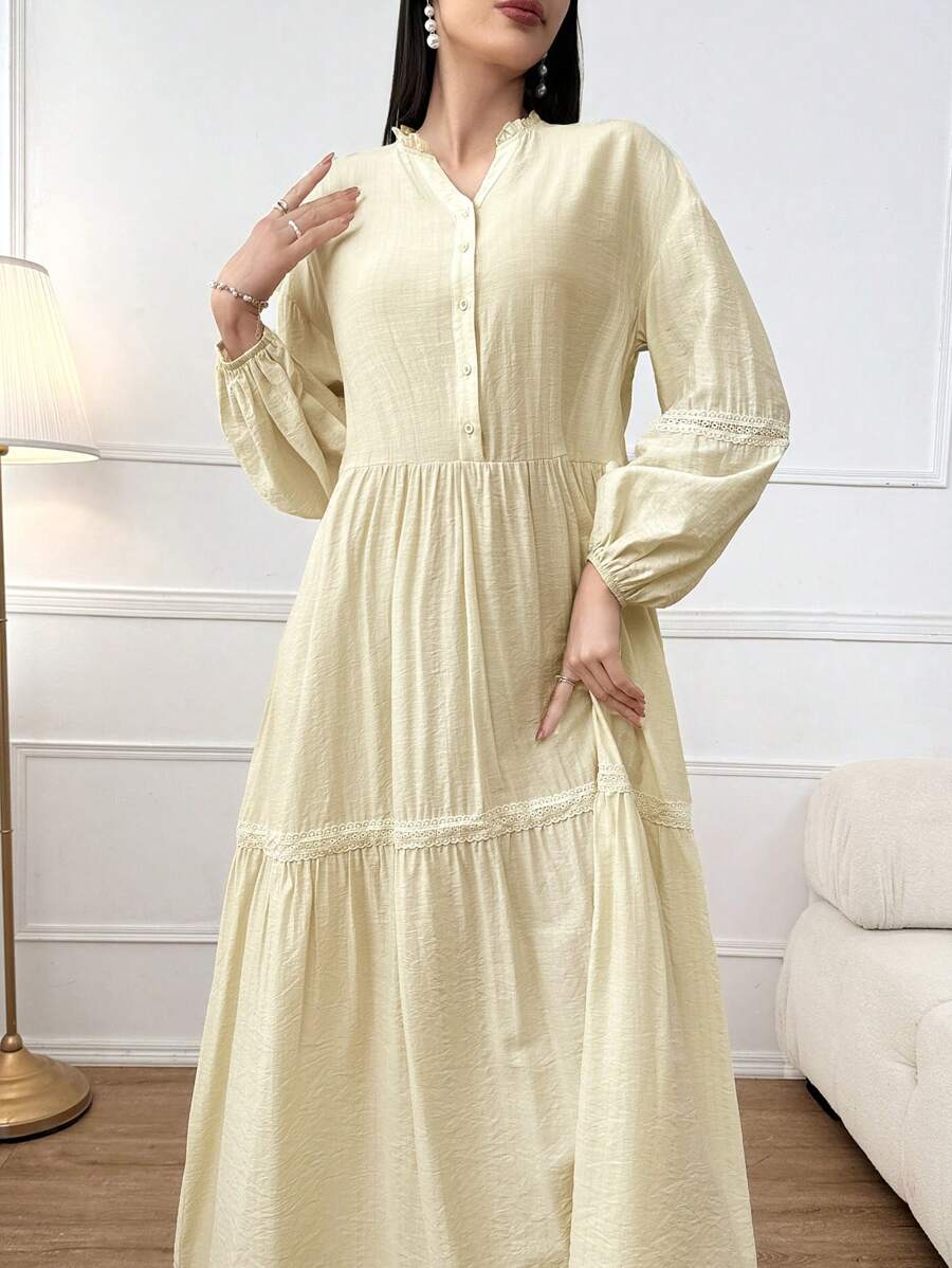 Seusyu Notched Neckline Drop Shoulder Ruffle Hem Dress - Beige - View 1