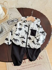 SHEIN 寶寶男/女春/夏/秋季卡通恐龍印花黑白色帽T外套搭實色長褲2件套，適合戶外旅行 - 黑與白 - 查看 3