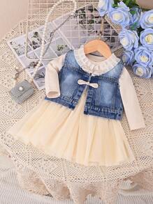 Vestido de manga larga sólido con ribete de volantes de malla contrastante y top de mezclilla sin mangas sólido para niña pequeña - Azul - Ver 1