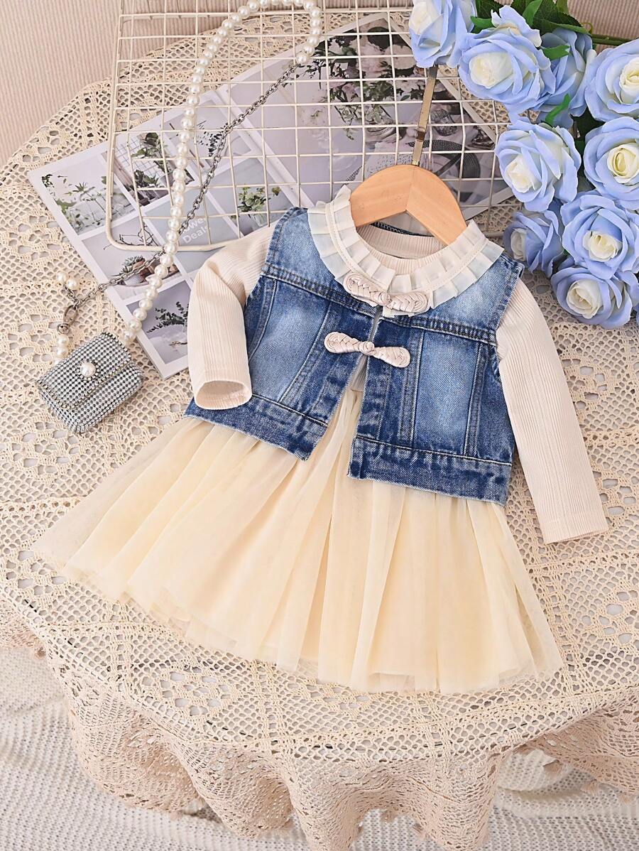 Vestido de manga larga sólido con ribete de volantes de malla contrastante y top de mezclilla sin mangas sólido para niña pequeña - Azul - Ver 1