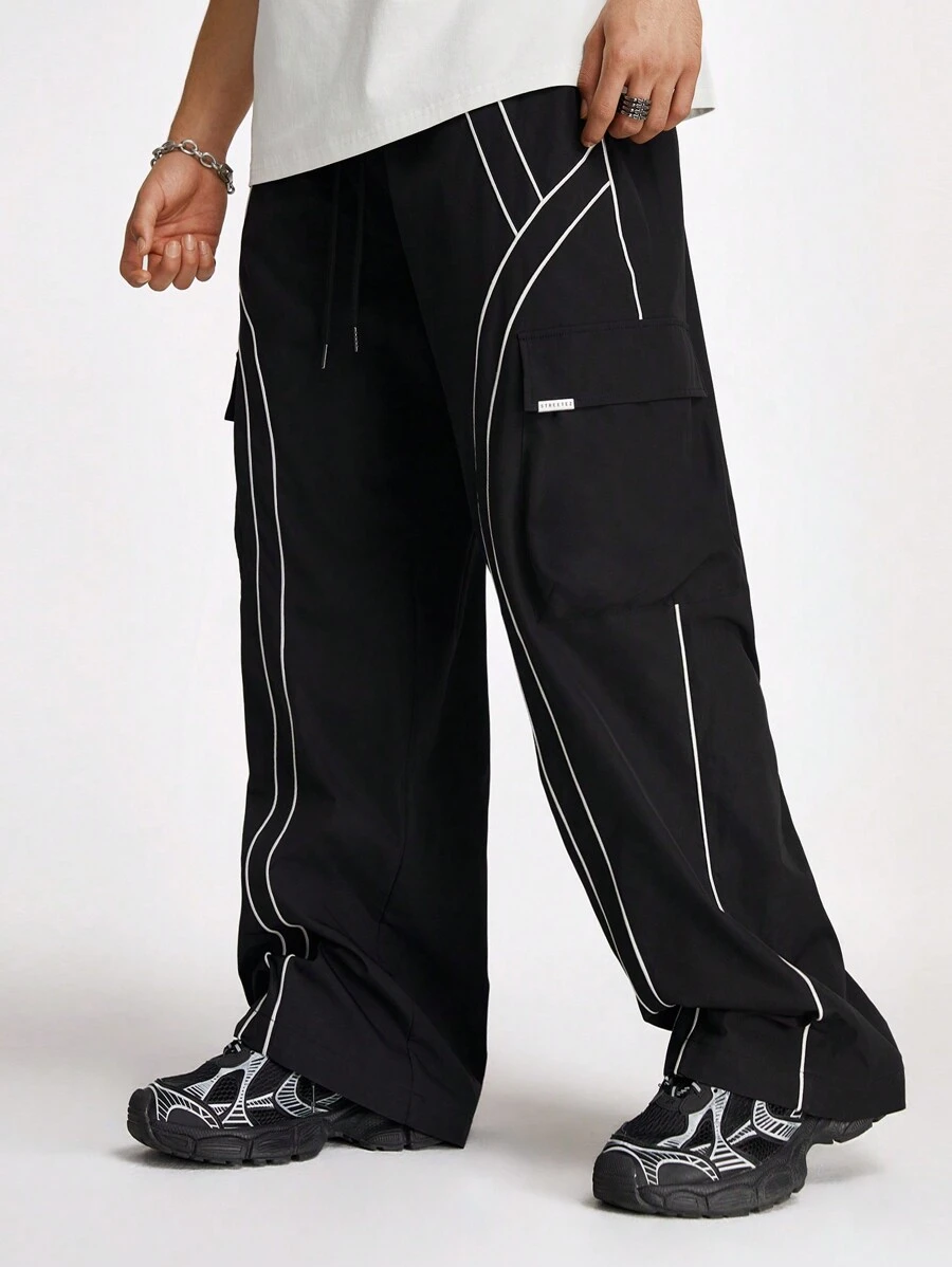 Manfinity RebelGame Men Contrast Piping Flap Pocket Side Drawstring Waist Cargo Pants - Black - View 1