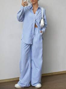 SHEIN Unity Conjunto casual de dos piezas con camisa de rayas sueltas y pantalones rectos - Azul - Ver 3