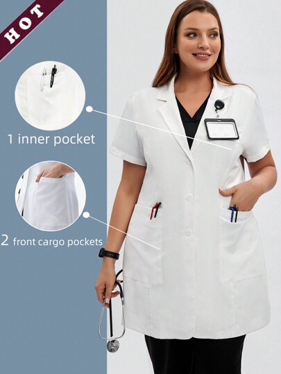 TaskEZ Plus Size Women's Scrubs Uniform Front Button Hospital Nurse Scrubs Lab Coat Clothes 2 Front Pockets + 1 Inner Pocket