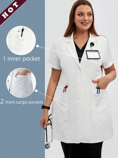 TaskEZ Plus Size Women's Scrubs Uniform Front Button Hospital Nurse Scrubs Lab Coat Clothes 2 Front Pockets + 1 Inner Pocket