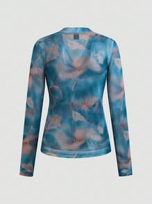 EMERY ROSE Women's Sheer Mesh Printed See-Through Top Fall Cloth For Women - Blue - View 2