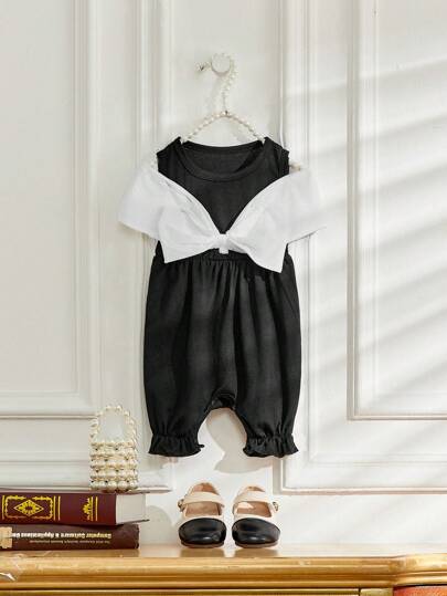 SHEIN 女婴蝴蝶结装饰拼色圆领短袖休闲连体裤