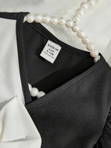 SHEIN 嬰兒女寶寶兩色調蝴蝶結前襯泡泡袖t恤和喇叭褲和帽子 - 黑與白 - 查看 6