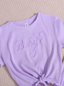 SHEIN Conjunto de top corto tejido morado y pantalones acampanados para adolescentes con texto acanalado, bordado de corazón y manga corta anudada para ropa informal y de moda callejera - Púrpura malva - Ver 3