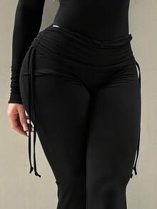 AiTyi 女士大码休闲裤，时尚性感修身款，适合毕业典礼、返校季及所有季节，罗纹腰带和喇叭裤脚针织长裤，黑色，春季款 - 黑色 - 查看 4