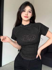 DAZY Solid Mock Neck Raglan Sleeve Denim Top Summer - Black - View 3