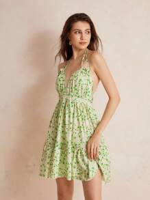 Aveloria Rosie Random Print Halter Neck Backless Sleeveless Dress With Back Ties, Summer - Green - View 4