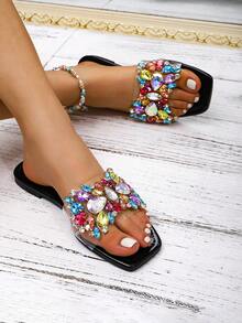 LAUREN WEAL High-End Crystal Decorated Gemstone Women's Sandals With Shiny Rhinestone Buckle - Black - View 4