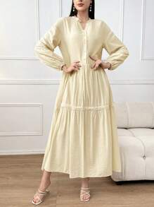 Seusyu Notched Neckline Drop Shoulder Ruffle Hem Dress - Beige - View 3