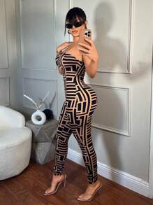 SHEIN SXY Mono sin tirantes de moda con estampado para mujer - Negro - Ver 4