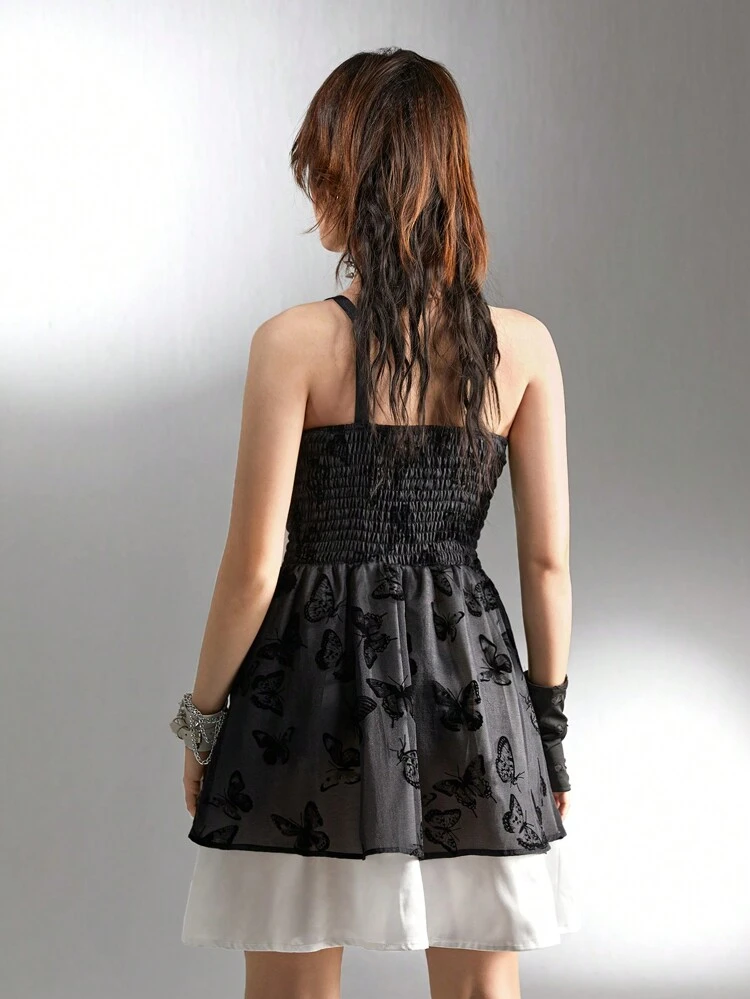 Teen Girl Color Block Flocked Butterfly Tie Waist Suspension Strap Dress, Summer