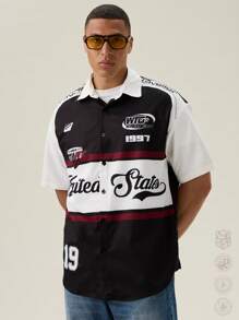 SWAVVY Oversized Men's Letter Graphic Color-Blocked Shirt - Black - View 7