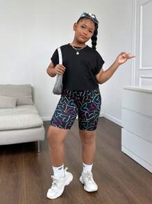 SHEIN Tween Girls Extended Size Knitted  Casual Shorts, Spring/Summer - Black - View 3