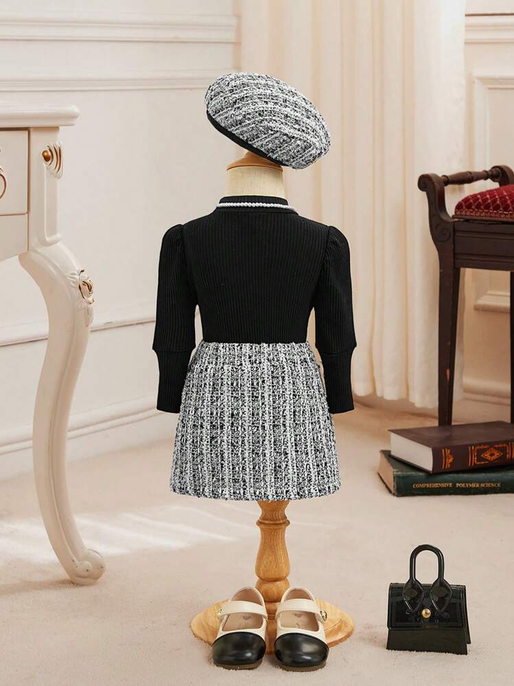 Baby Girl Mock Neck Tee & Plaid Button Front Skirt - Black and White - View 2