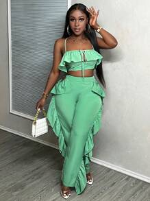 BamGleam 夏季荷葉邊系帶背心上衣和露脚褲 - 綠色 - 查看 3