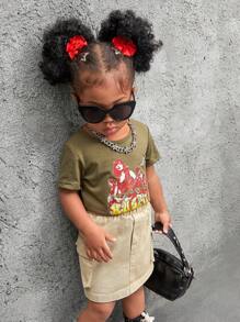 SHEIN 2pcs Baby Girls' Casual Street Style Fun Portraiture Printed Short Sleeve Top And Skirt Set, Spring & Summer