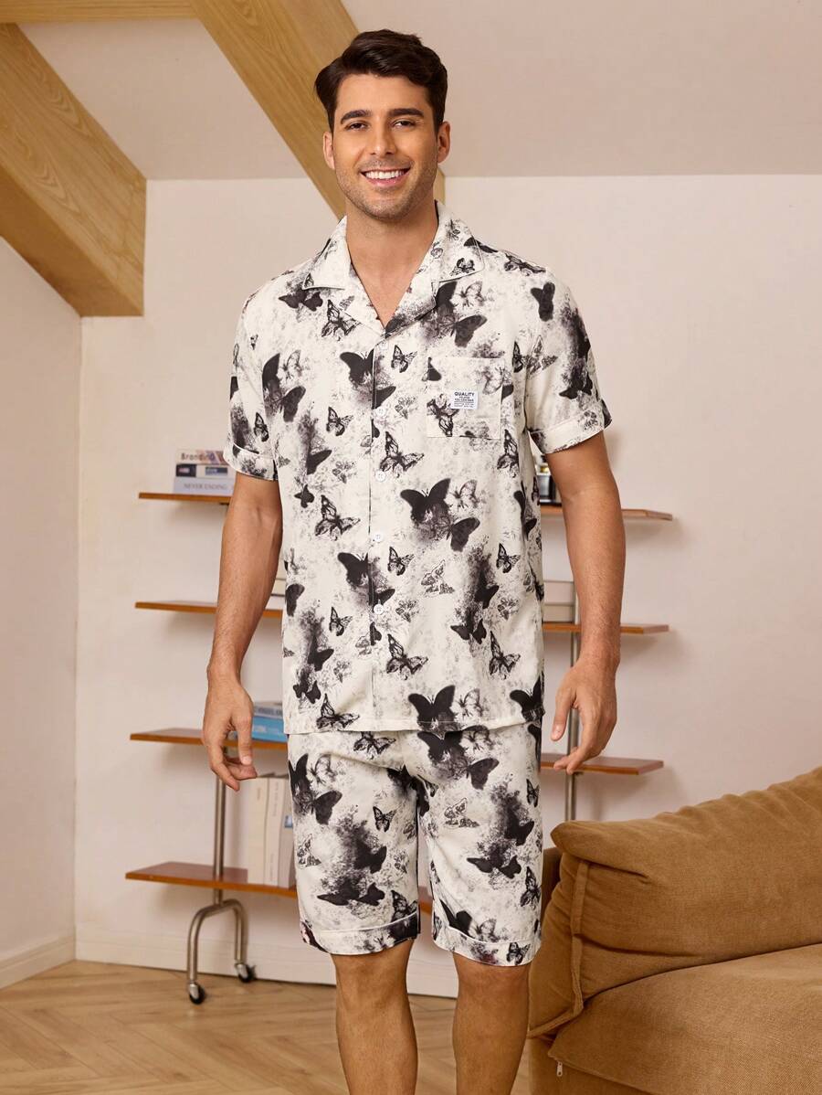 Men Tie Dye Butterfly Print Top & Shorts PJ Set / Pajama Set - Multicolor - View 1