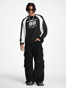 Manfinity VCAY Men's Knitted Long Sleeve Pullover Sweatshirt With English Print, For Fall Winter - Black - View 4