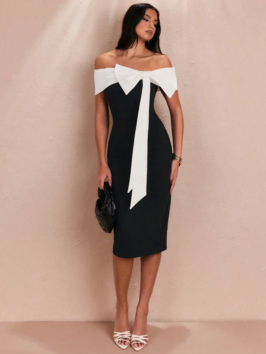 SHEIN BAE 夏季浪漫約會/通勤純色黑/白性感優雅露肩大蝴蝶結裝飾女式中長款連衣裙