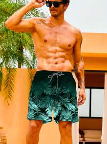 Surfspeed Men Tropical Print Drawstring Waist Swim Trunks,Hawaiian - Green - View 4