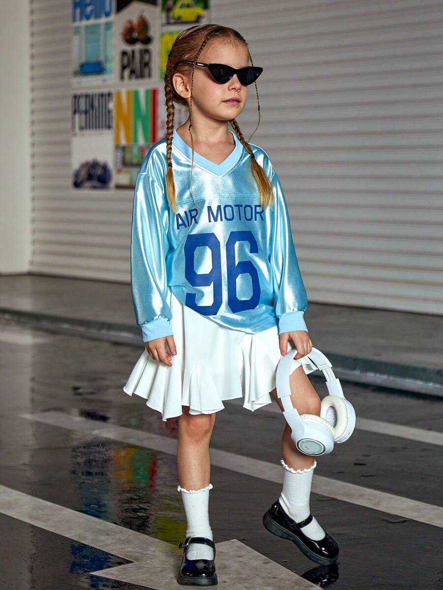 2pcs Young Girl Stylish Streetwear Casual Loose Fit V-Neck Long Sleeve T-Shirt And Asymmetrical Skirt Set,Autumn School Sport Back-To-School Outfit - Multicolor - View 1