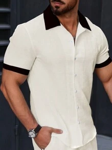 Manfinity Homme Men Contrast Trim Button Up  Short Sleeve Shirt - Beige - View 7