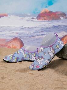 1 Pair Girls' Comfortable & Fashionable Casual Beach Breathable Quick-Dry Blue & Purple Rainbow Pony Cute Water Shoes