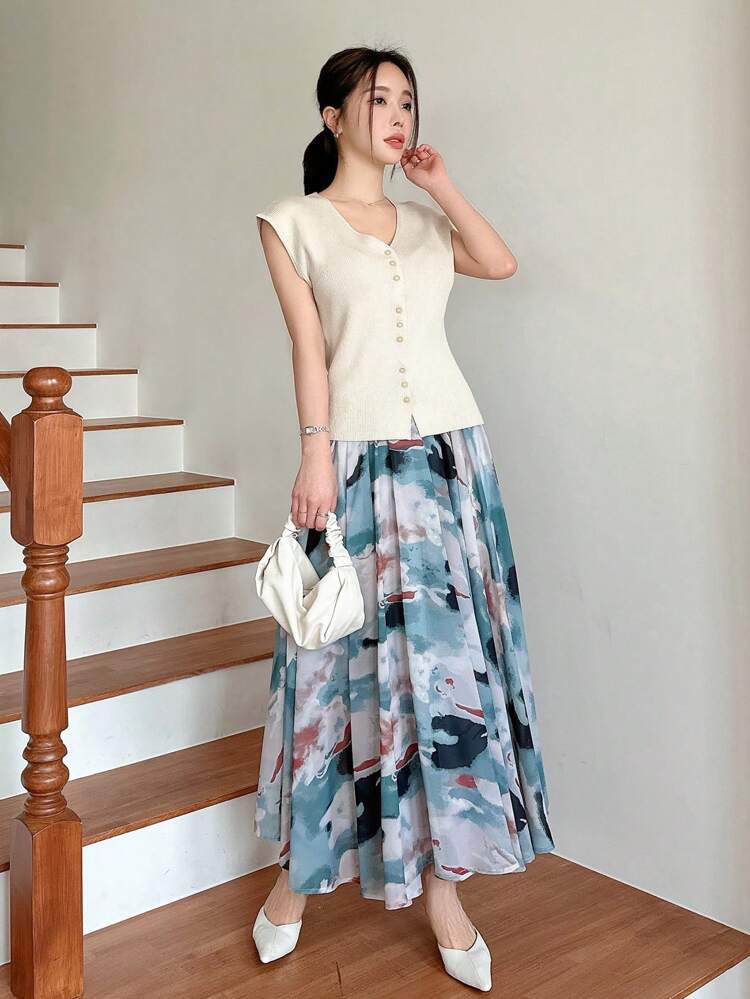 Women Allover Print Pleated Skirt Fall Skirts Floral