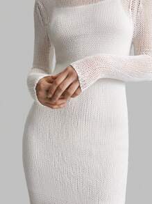 Ontre Damen lang gestrickes Kleid mit Hohlmuster, weiß, für die Herbstsaison - Weiss - Übersicht 6