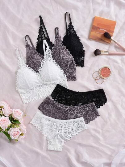 3packs Bloemen Kanten Lingerie BH Slipje Sets