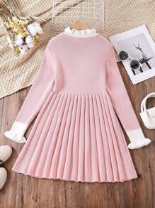 Tween Girl Fashionable, Casual, Fashion, Lovely, Comfortable, Soft, Simple, Elegant, Versatile Pink Knitted Sweater Dress With Ruffled Collar, Bow Knot, And Patchwork, Suitable For Daily Wear, Travel, Outdoor Activities, Parties, And Fall/Winter Seasons - Pink - View 2