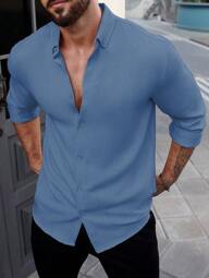 Manfinity Homme Men Solid Button Up Short Sleeve Shirt