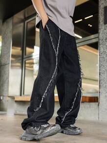 Manfinity Hypemode Quần jean baggy denim màu đen dạo phố dành cho nam với thiết kế tua rua đặc biệt - màu đen - Xem 6