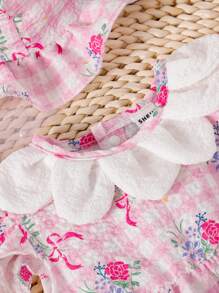 嬰幼兒女裝休閒優雅可愛風格復古數字印花荷葉邊袖連鈕扣背心連帽連身衣，夏季