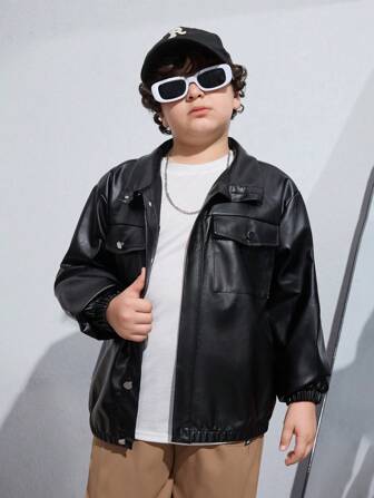 SHEIN Tween Boys Extended Size Street Style Leather Jacket Coat