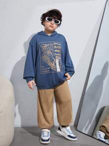 SHEIN 青少年男孩加大碼休閒字母印花連帽衫和褲子套裝
