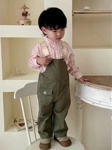 SHEIN Infant Boys' Stand Collar Pink Striped Shirt With Fashionable Overalls, Summer Streetwear Outfit - Multicolor - View 5