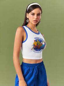 SCOOBY-DOO X SHEIN Women's Summer White Cartoon Football Pattern  Contrast Trim Y2K Workout Crop Tank Top - White - View 6