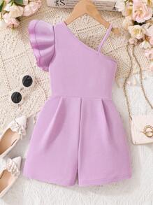 Combinaison à bordure à volants à encolure asymétrique pour filles préadolescentes - Prune - Voir 1