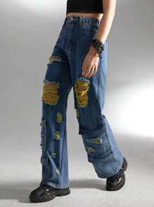 Teen Girls Ripped Flap Pocket Cargo Jeans - Dark Wash - View 4