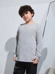 SHEIN Tween男童加大尺寸條紋圓領長袖T恤