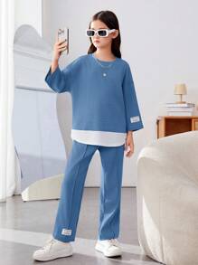 SHEIN Bộ áo cổ tròn và quần dài dệt kim thông thường của Tween Girls - Màu xanh bụi bặm - Xem 5